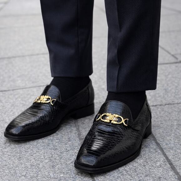 Giorgio Brutini Mens Black Snakeskin Loafers Size 9 Gold Lion Medallion Vintage main image 10